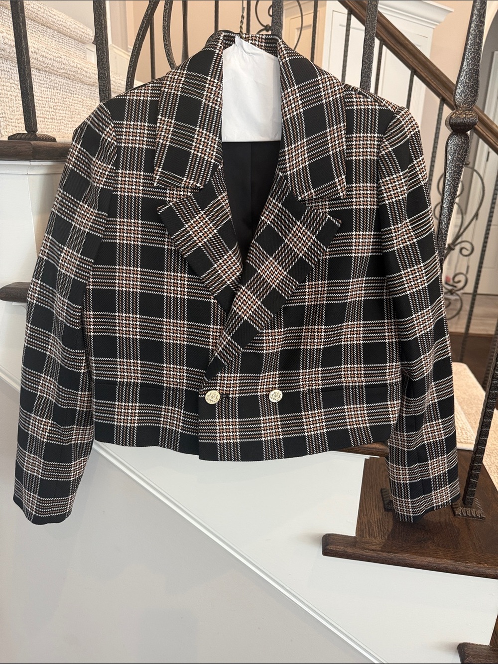 Alice + Olivia Black Plaid Cropped Double-Breasted Blazer with Cream Accents
